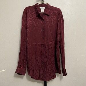 Vtg J Jill Women's Burgundy Floral Button Up Top 1X Capsule Transitional